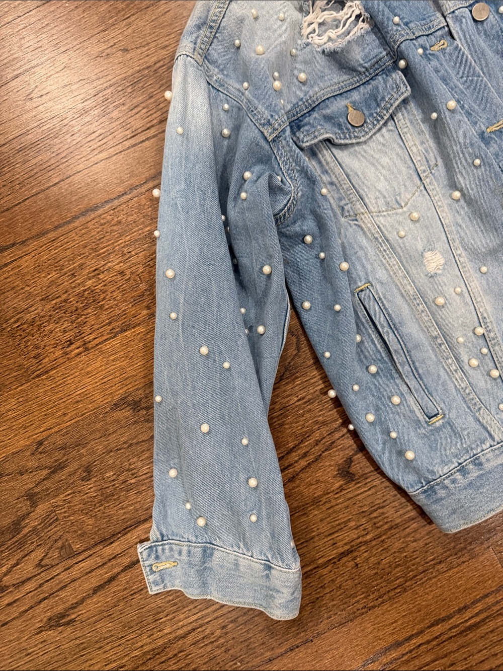 Free People Distressed Light Blue Denim Jacket with Pearl Accents - Picture 3 of 7